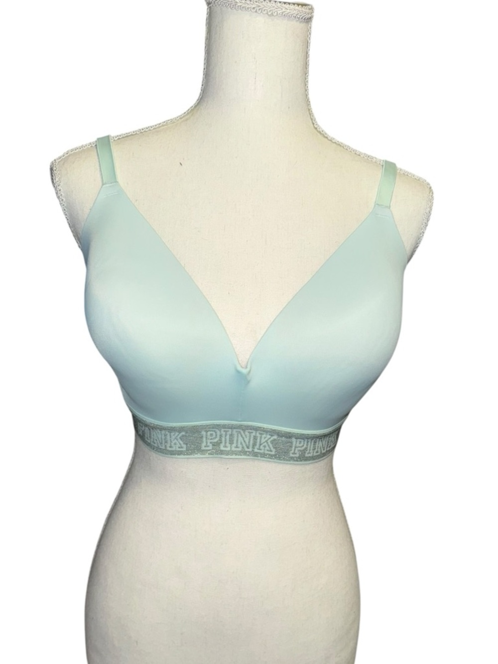PINK Victoria's Secret Wireless V-Neck padded bra Mint, silver band, size 36dd